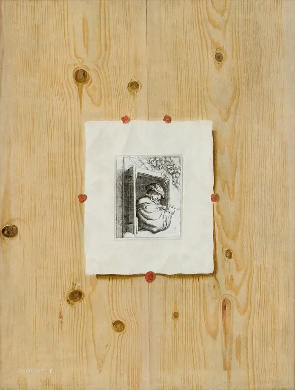 Trompe l'Oeil. Board with an Etching of a Man with a Pipe, by H. Drost