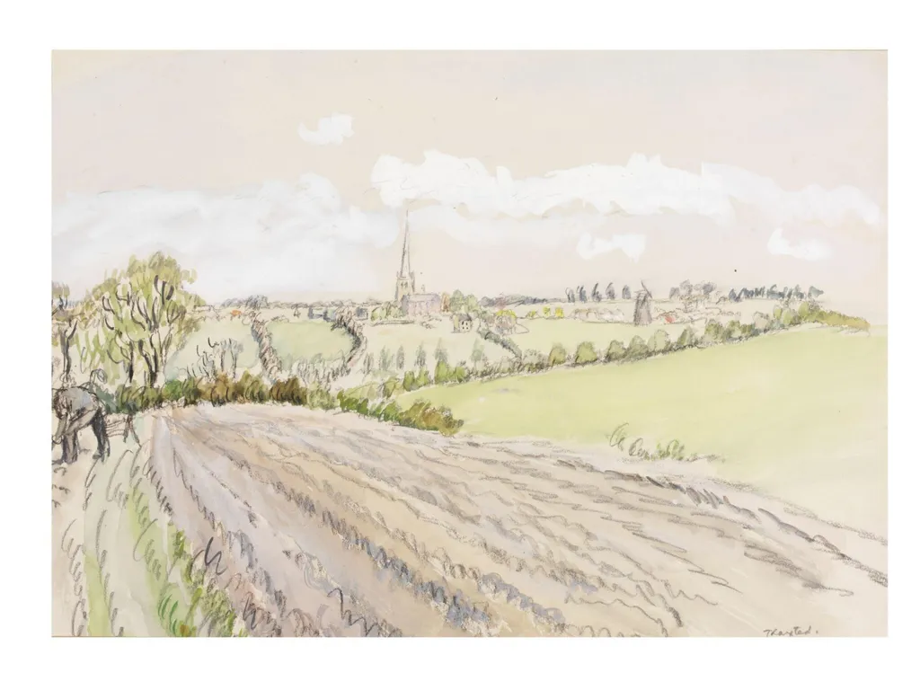 Thaxted from the Fields, by H. E. Du Plessis, watercolor, 1940