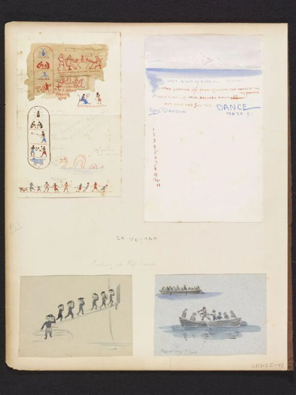 Comic designs for dance programmes, including mock Egyptian hieroglyphs, by H. E. Howard, watercolor, 1891