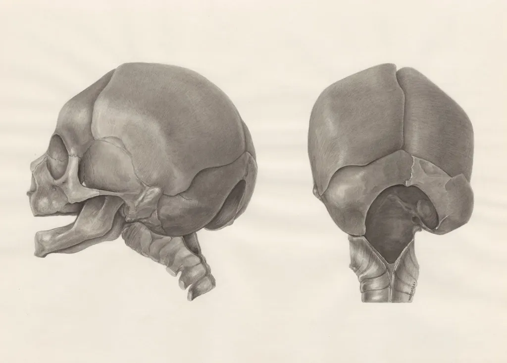 Deformed fetal skull, with part of the spinal cord, by H.G, Wetselaar, 1970