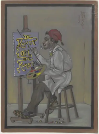Artist at work, painting the sentence 'De kunst om de kunst'