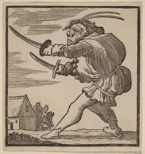 Hunchback Brandishing Two Swords, by H. Numan