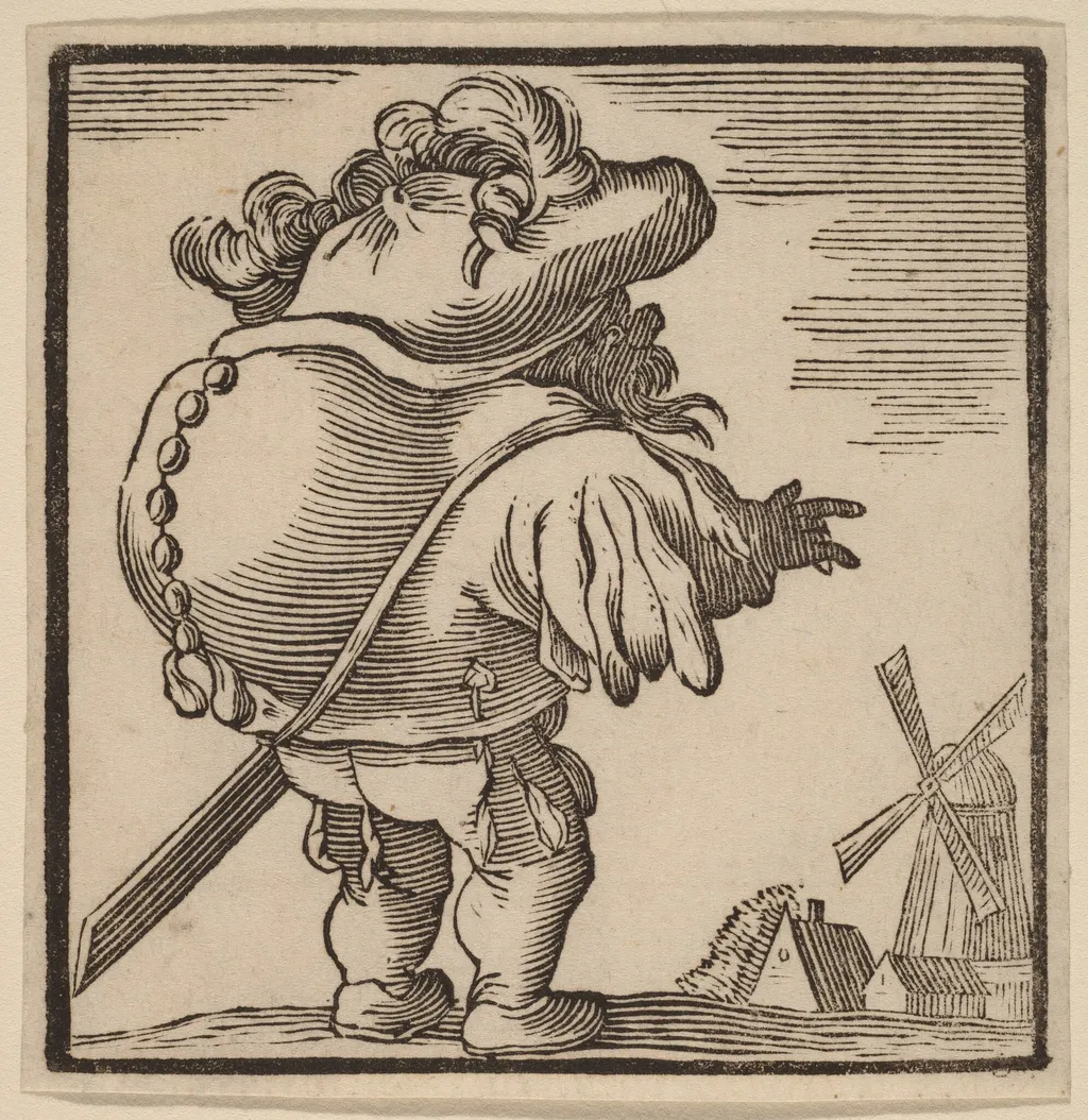 Hunchback Gazing at a Windmill, by H. Numan, ink, 1770