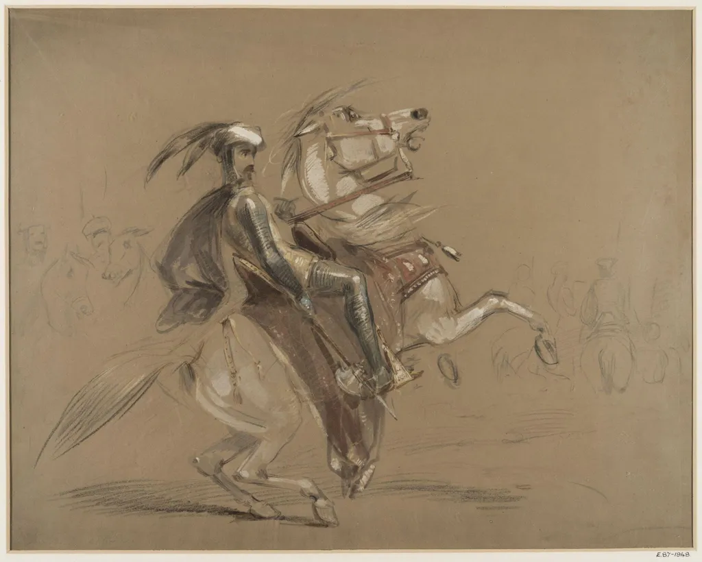 A knight in armour on a rearing horse, with other riders in the background, by Hablot Knight 'Phiz' Browne, 1836
