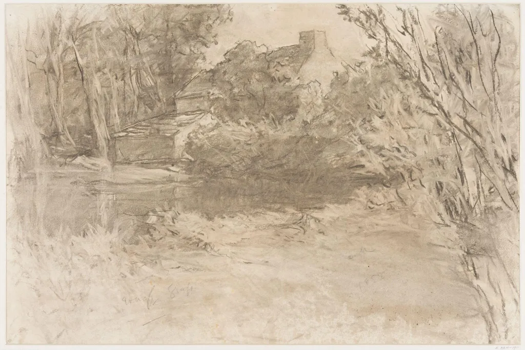 Cottage among trees, with a pond in front., by Haden, 1858
