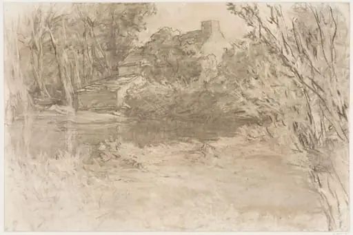 Cottage among trees, with a pond in front., by Haden