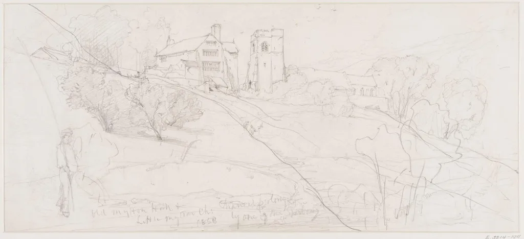 Old Mytton Hall and Little Mytton Church., by Haden, 1858