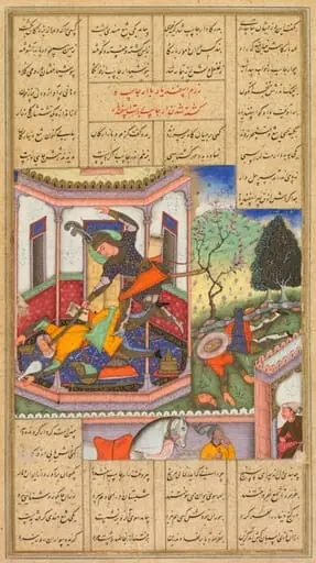 Isfandiyar slays Arjasp, the king of Turan, from a Shah-nama (Book of Kings) of Firdausi (Persian, about 934–1020), by Haidar Kashmiri