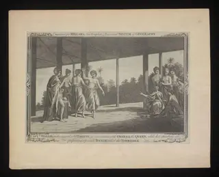 Captn. Wallis on his arrival at O'Taheite, in conversation with Oberea the Queen, while her attendants are performing a favourite Dance called the Timrodee