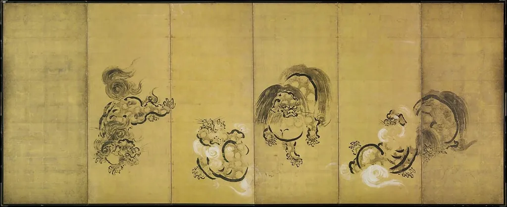 舞楽図屏風 ・唐獅子図屏風|Bugaku Dances (front); Chinese Lions (reverse), by Hanabusa Itchō, ink, 1716