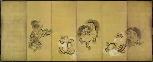 舞楽図屏風 ・唐獅子図屏風|Bugaku Dances (front); Chinese Lions (reverse)