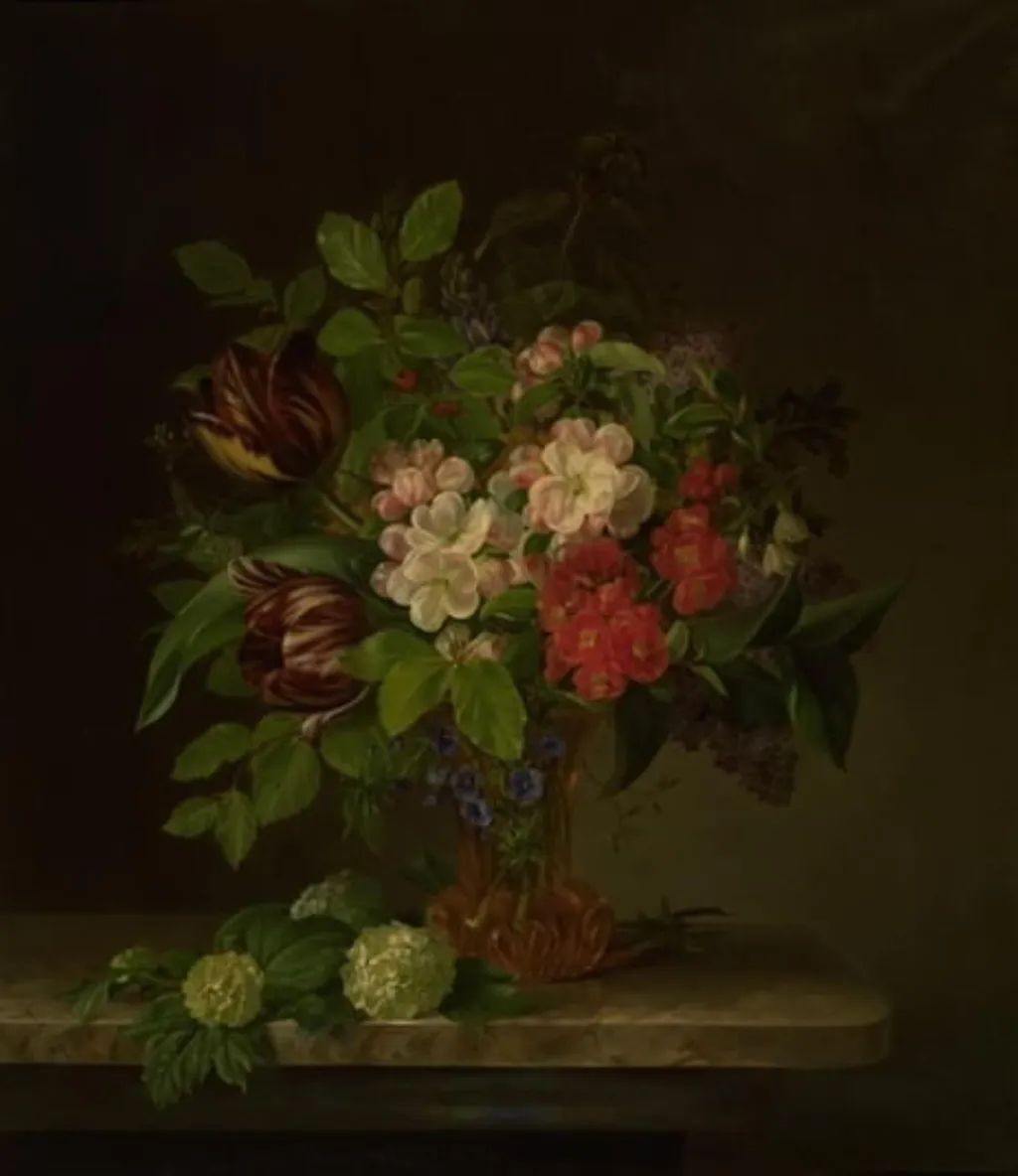 Et glas med forårsblomster, by Hanne Hellesen, oil, 1840