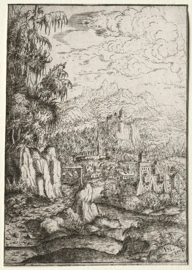 Landscape with a Road to a Castle on an Island in a River, by Hanns Lautensack, 1554
