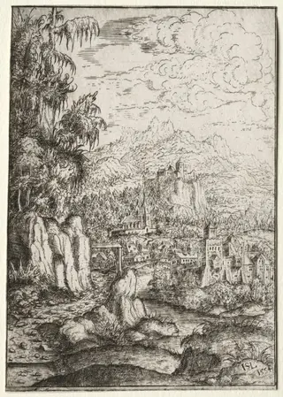 Landscape with a Road to a Castle on an Island in a River, by Hanns Lautensack, 1554