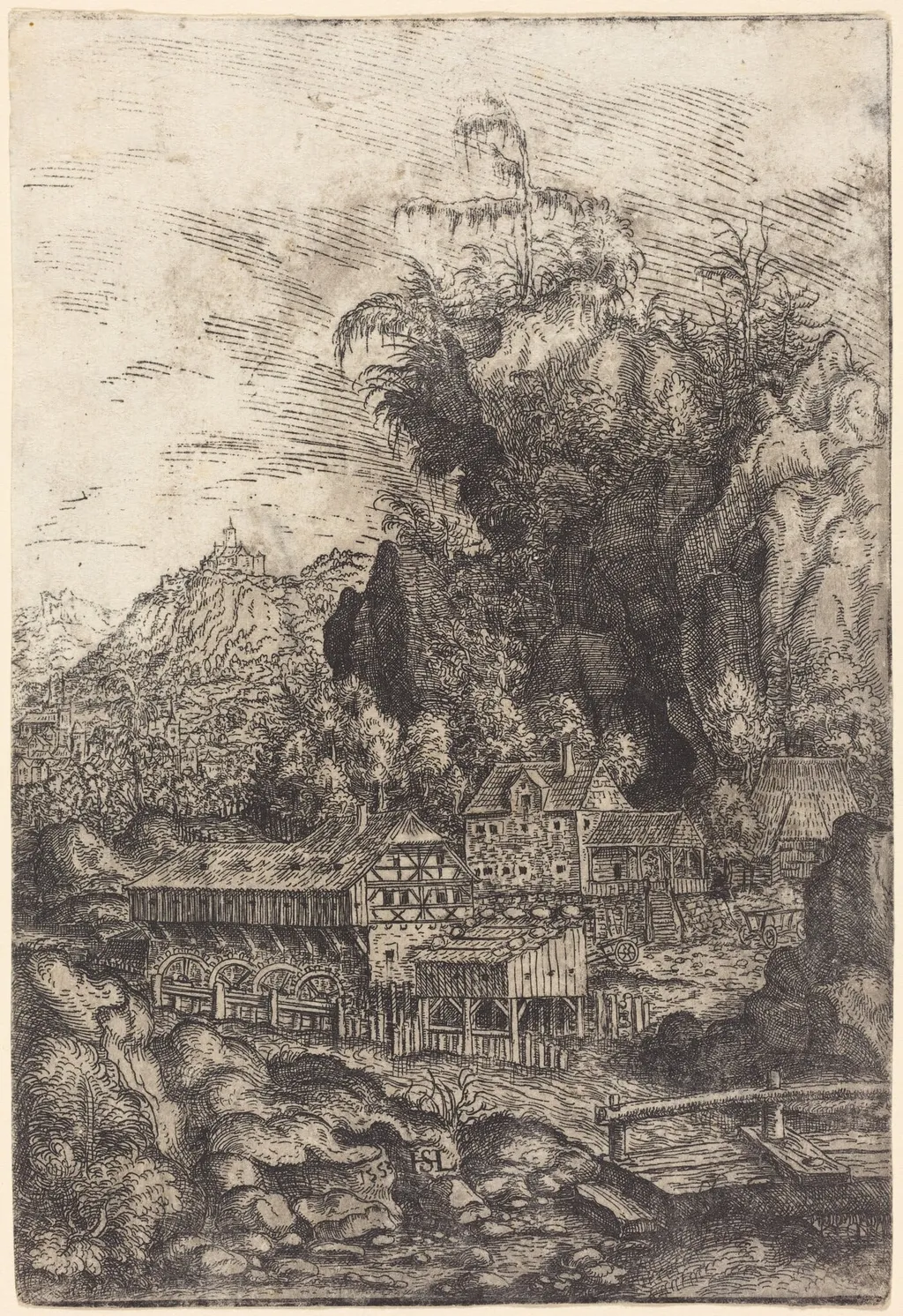 Landscape with a Water Mill, by Hanns Lautensack, ink, 1553