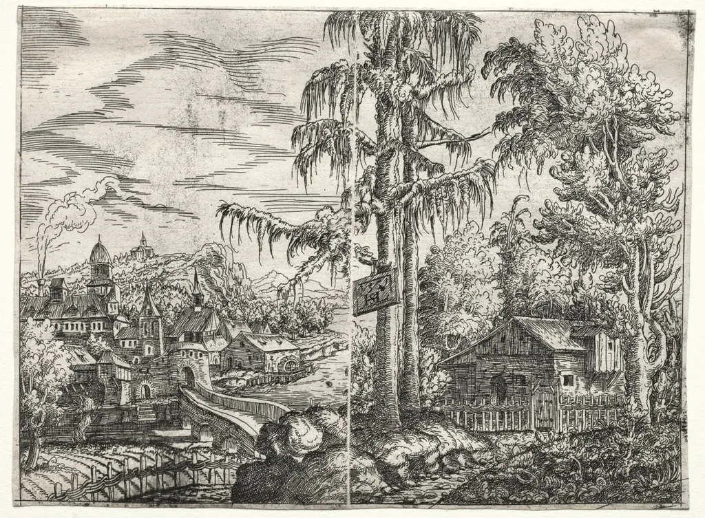 Landscape with the Town on a River and the Cottage between Trees, by Hanns Lautensack, 1551