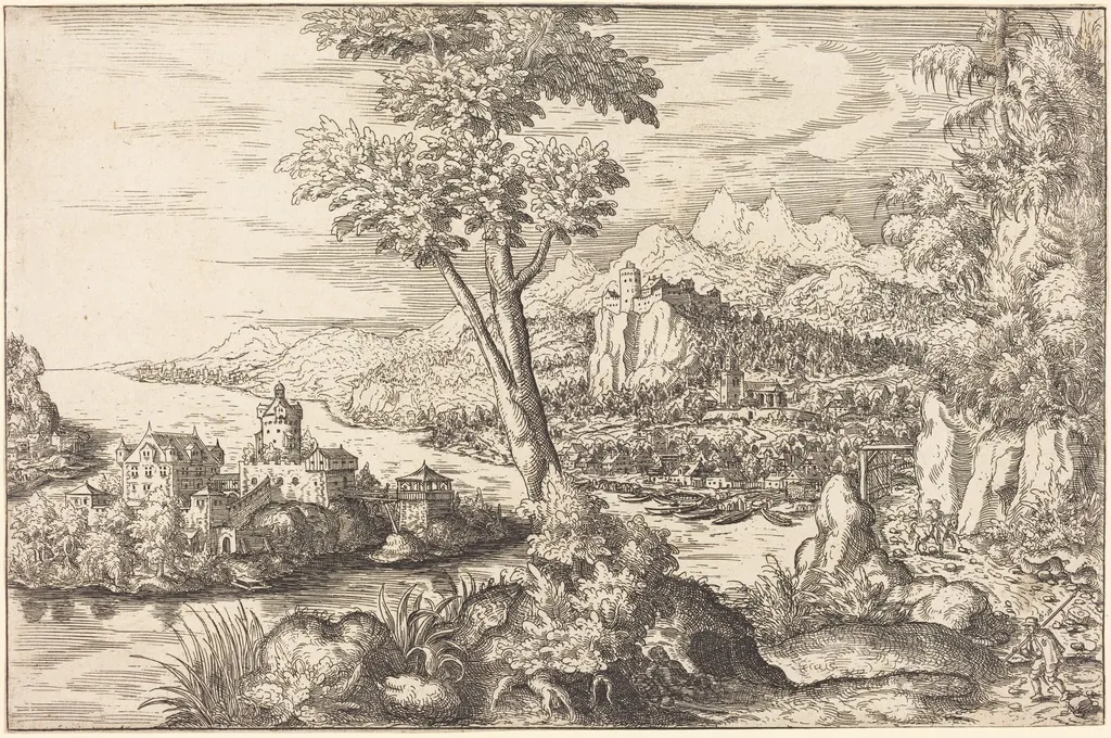 Landscape with Three Men, by Hanns Lautensack, ink, 1558