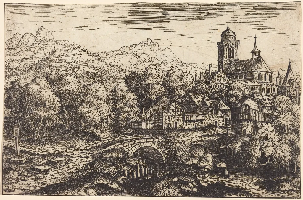 Mountainous Landscape with a Village, by Hanns Lautensack, ink, 1553