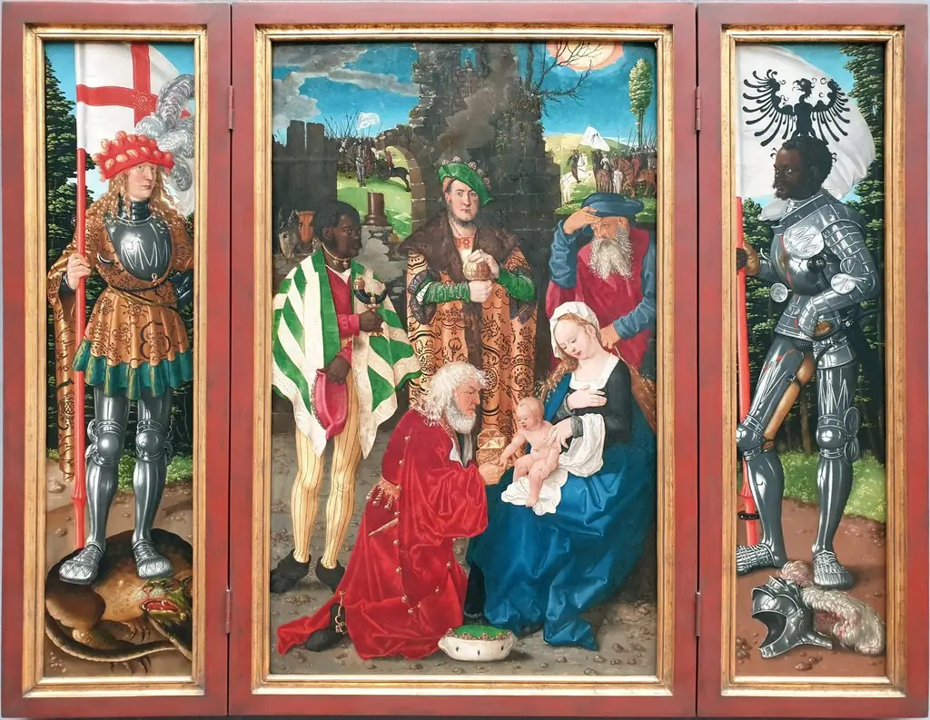 Der Dreikönigsaltar Innentafeln: Anbetung der Könige, der Heilige Georg und der Heilige Mauritius, by Hans Baldung Grien
