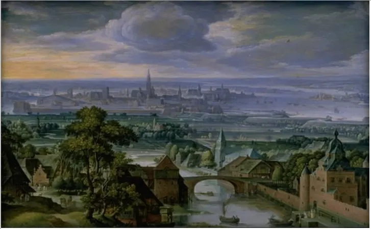 Landscape with a View of Antwerp, by Hans Bol, oil, 1590