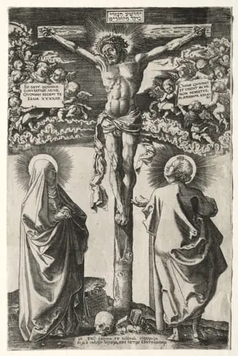 Christ on the cross between the virgin and St. John, by Hans Brosamer