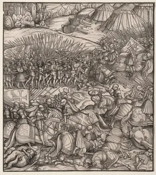 How the French King made war on the King of Feuereisen in his realm and how the King of Feuereisen died in the battle, by Hans Burgkmair I, 1514