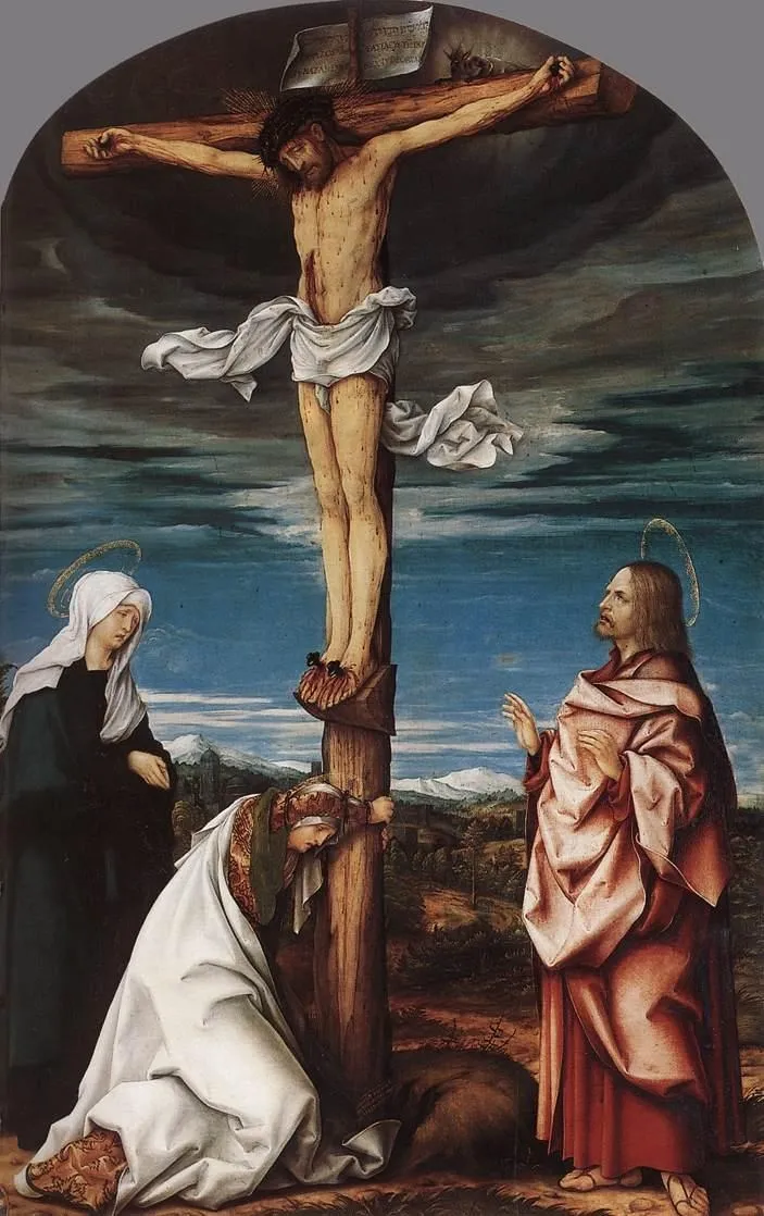 Crucifix with Mary, Mary Magdalen and St John the Evangelist, by Hans Burgkmair the Elder, oil, 1519