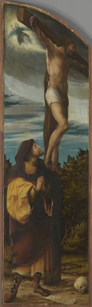 Kreuzigungsaltar, linker Flügel: Der bußfertige Schächer und der hl. Lazarus, by Hans Burgkmair the Elder