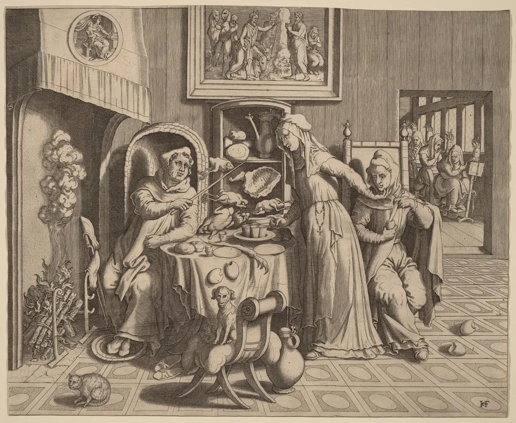 The Amorous Nun between the Abbot and the Monk, by Hans Collaert the Elder, ink, 1560
