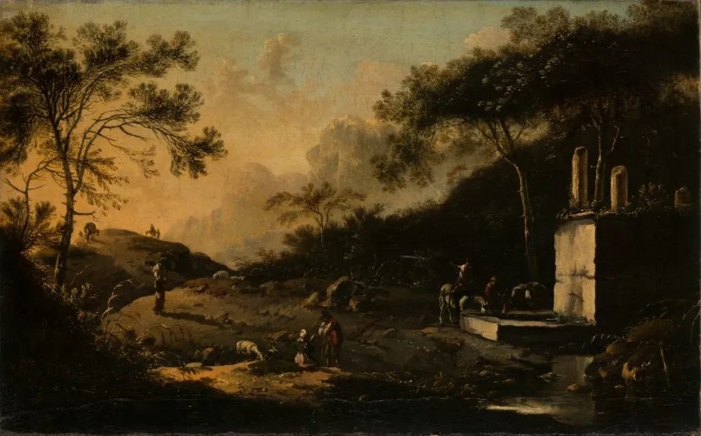 Italian Mountain Landscape with Travelers at a Well, by Hans de Jode, oil, 1675