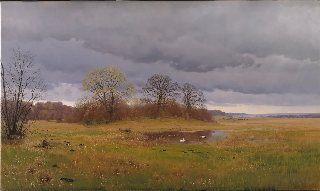 Forårslandskab med regnbyger. Sydsjælland, by Hans Friis, oil, 1890
