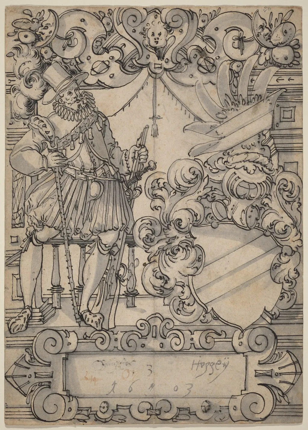 A Donor with a Coat of Arms (Schildbegleiter und Wappenschild mit Schrägbalken), by Hans II Jegli, ink, 1603