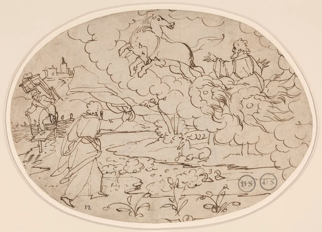 Elisha Watching Elijah in the Fiery Chariot, by Hans Jakob Nüscheler, ink, 1600