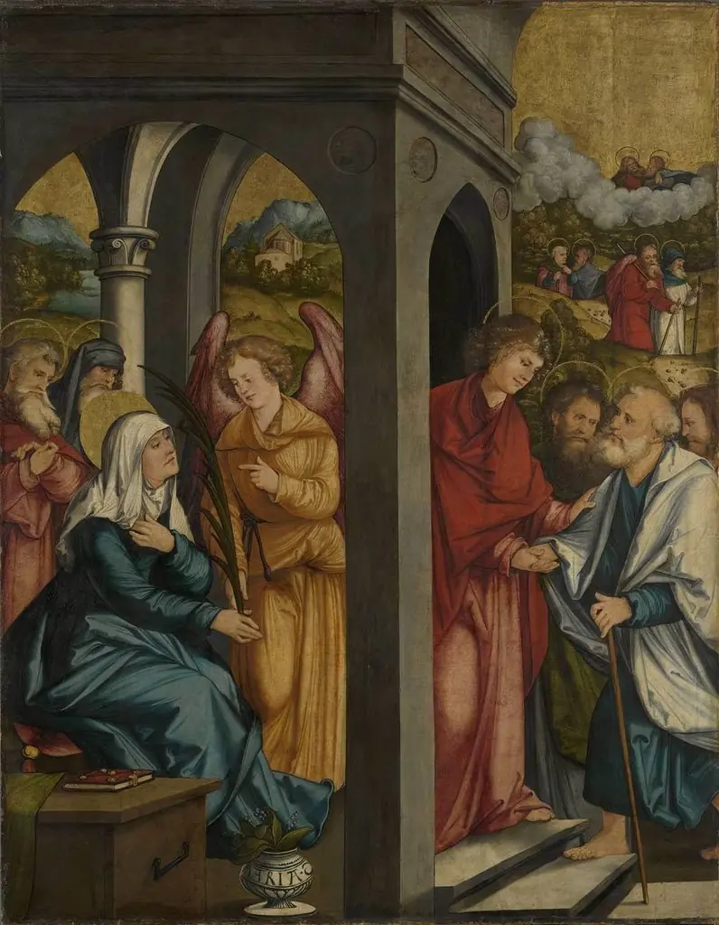 Christgartner Altar: Ein Engel reicht Maria die Palme, by Hans Leonhard Schäufelein