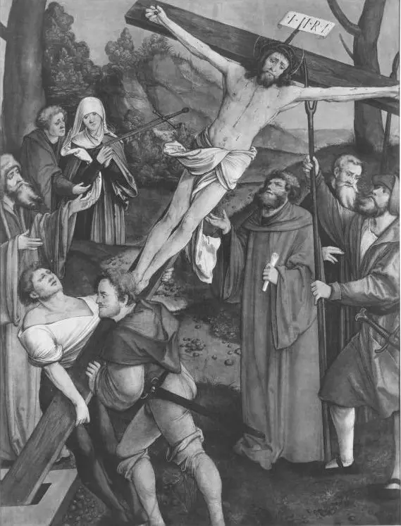 Christgartner Altar: Fall Christi bei der Kreuzaufrichtung (Abgetrennte Rückseite von WAF 920), by Hans Leonhard Schäufelein
