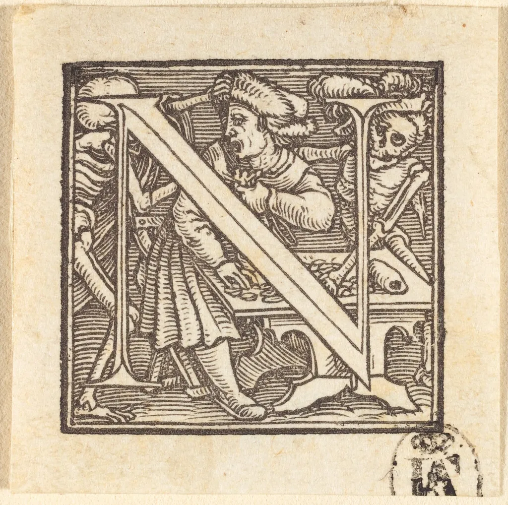 Letter N, by Hans Lützelburger, ink, 1523