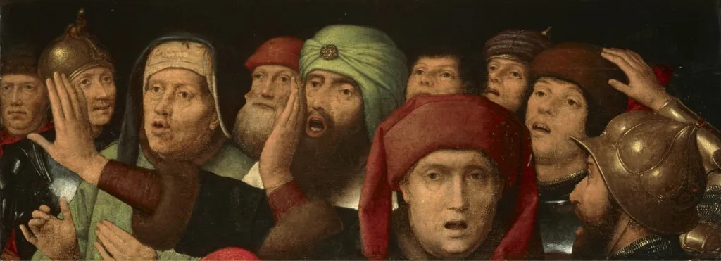 A Jeering Crowd: fragment of a Mocking of Christ, by Hans Memling, oil, 1450