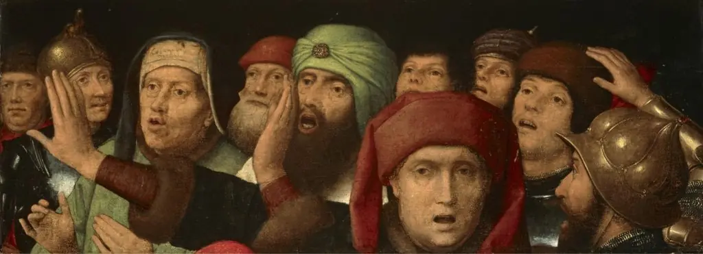 A Jeering Crowd: fragment of a Mocking of Christ, by Hans Memling