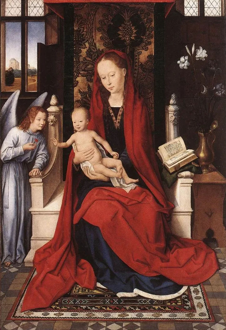Enthroned Madonna and Child with Angel, by Hans Memling, oil, 1493