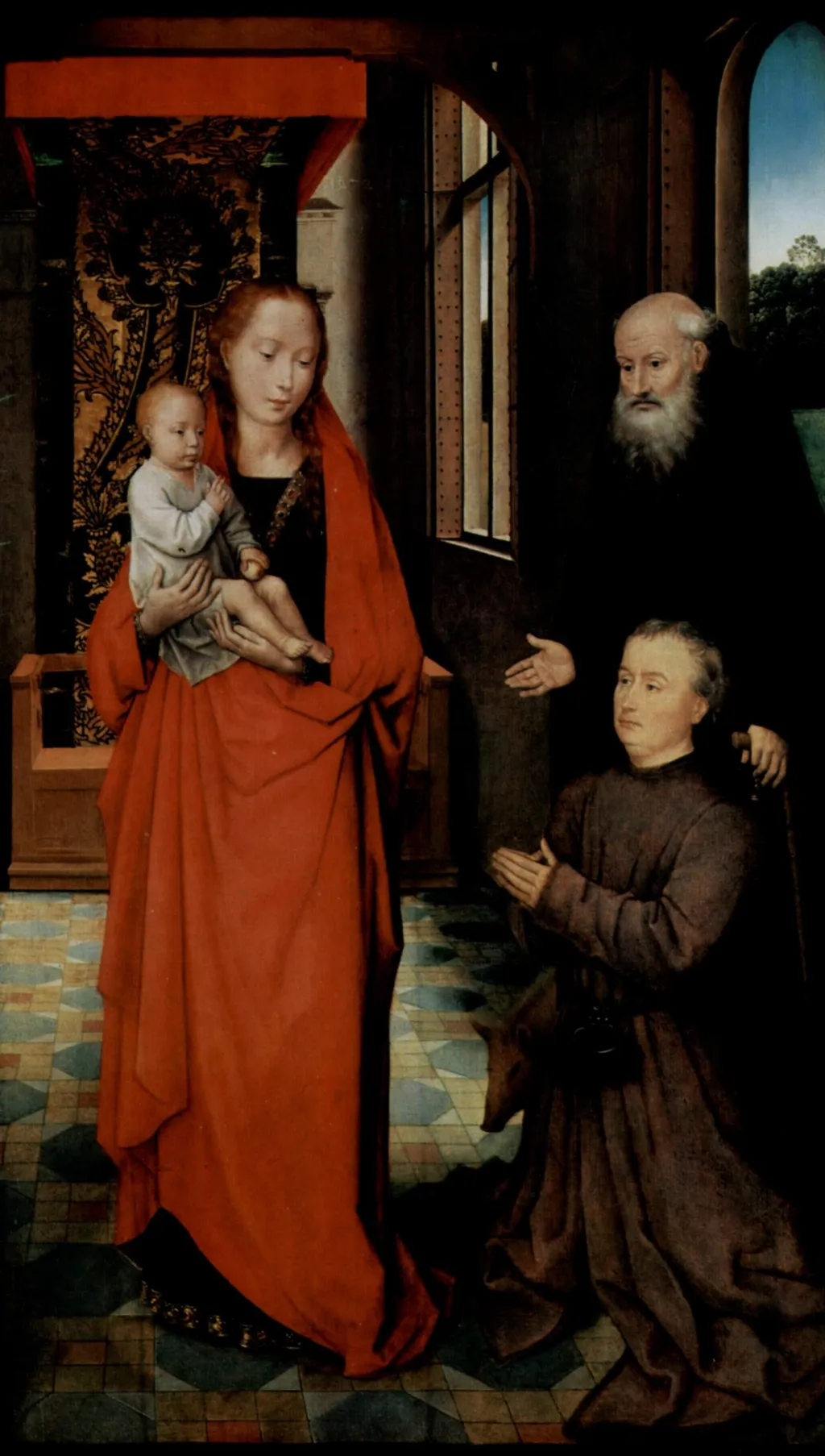 Virgin and Child with St Anthony the Abbot and a Donor, by Hans Memling, oil, 1472