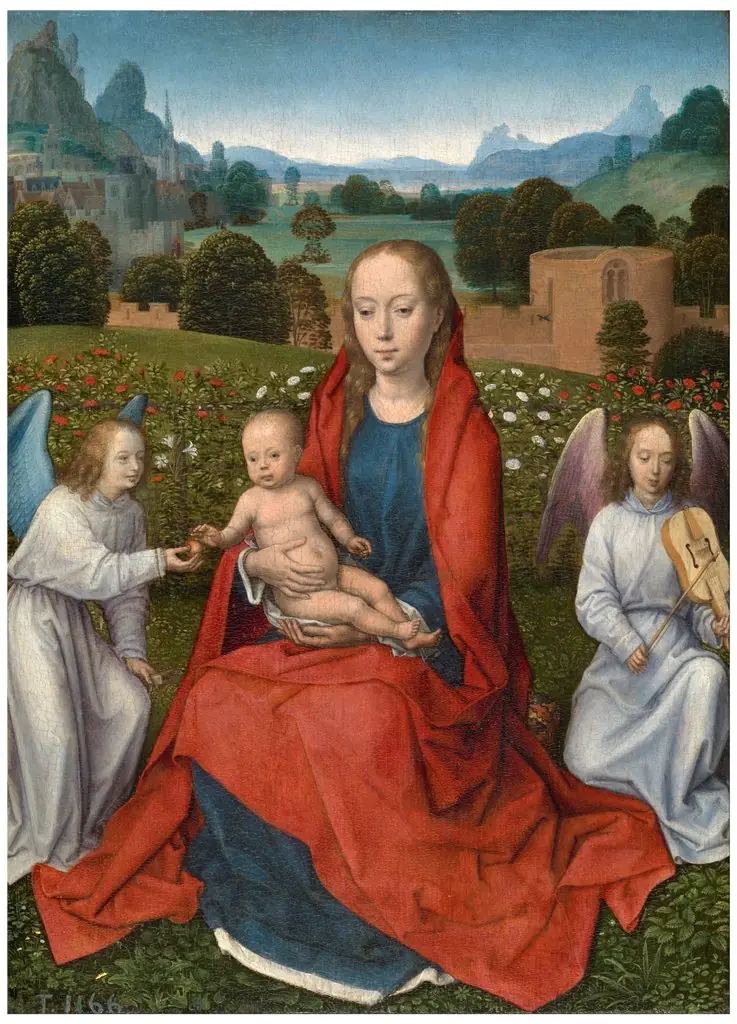 Virgin and Child with two angels, by Hans Memling