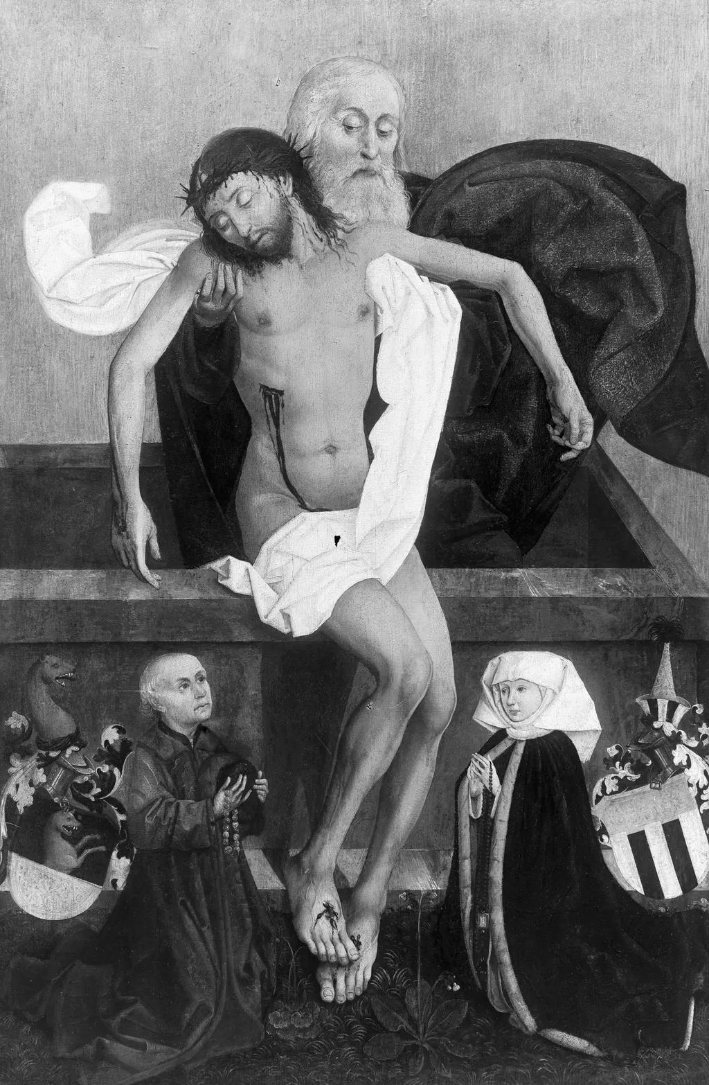 God Father with the dead Christ (mercy seat) and two donors, by Hans Pleydenwurff, unspecified, 1456