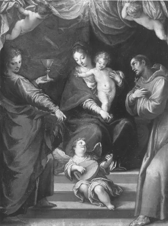 Maria mit Kind und den hll. Johannes der Evangelist und Franziskus, by Hans Rottenhammer, unspecified, 1598