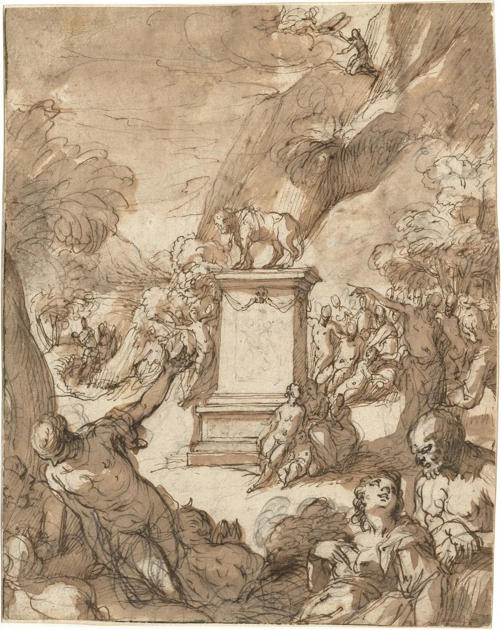 The Adoration of the Golden Calf, by Hans Rottenhammer, chalk, 1596