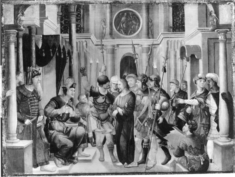 Christ standing for Kaiphas, by Hans Schöpfer, oil, 1543