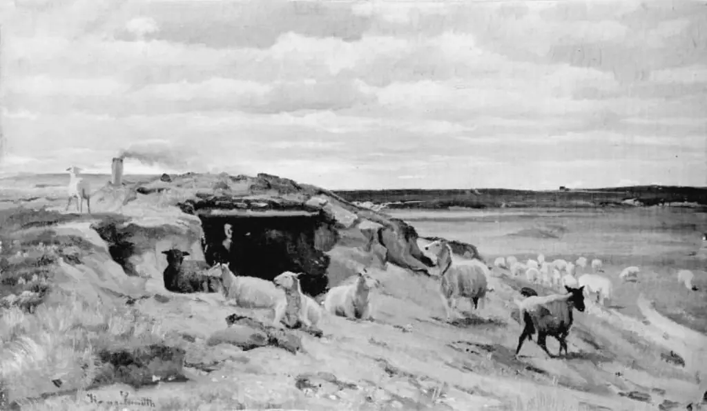 Fåreflok foran en jordhule med folk, by Hans Smidth
