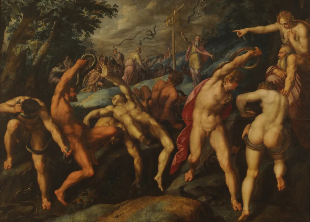 Moisés elevando la serpiente de bronce (Números 21:5-9), by Hans Speckaert, oil, 1568