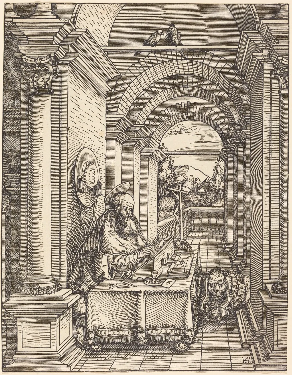 Saint Jerome Writing, by Hans Springinklee, ink, 1522