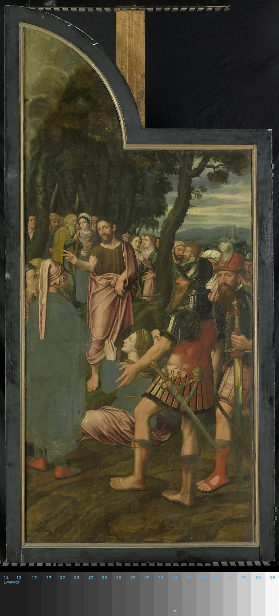 De prediking van Johannes de Doper, linkerpaneel van een drieluik, by Hans van Coninxloo, oil, 1557