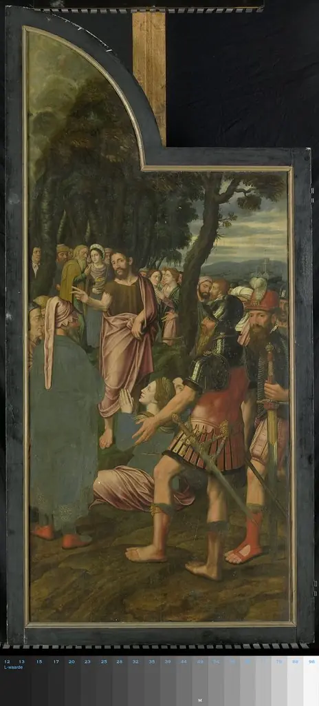De prediking van Johannes de Doper, linkerpaneel van een drieluik